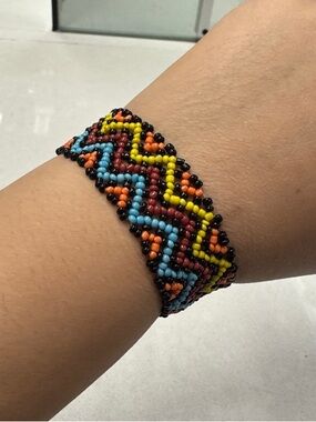 Handmade Seed Bead Zigzag Bracelet - Black, Turquoise, Yellow, Orange, Red